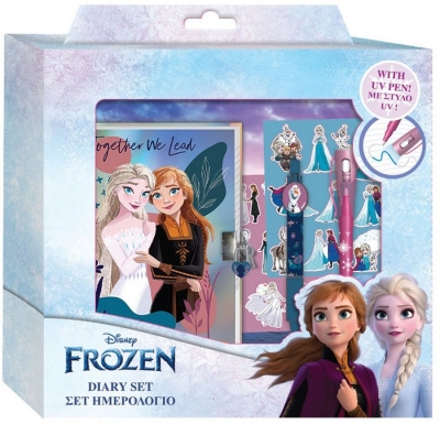 Подаръчен Комплект Замръзналото Кралство, Frozen с Таен Дневник с Катинарче, Магически Химикал за Скрито Писане с UV Светлина, Стикери и Химикал с Клипс 22х26х5 см